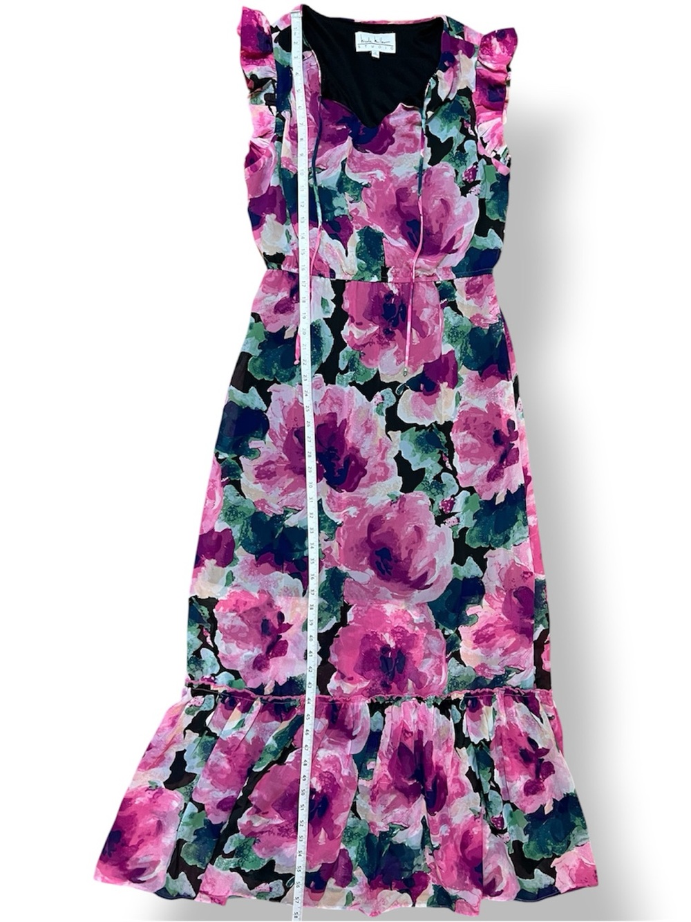 Nicole Miller, Size 12, Pink Floral Maxi Dress with Ruffled Hem - EUC - Picture 8 of 10